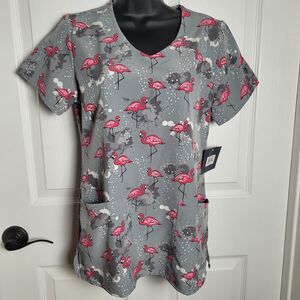 Zoe Chloe Top Womans XSmall Gray Short Sleeve Scrub Flamingo Stretch Pockets